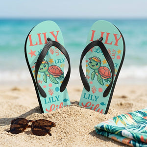 Personalized Turtle Turquoise Flip Flops - Custom Name Kids Summer Beach Sandals Gift - FlamingoAholic