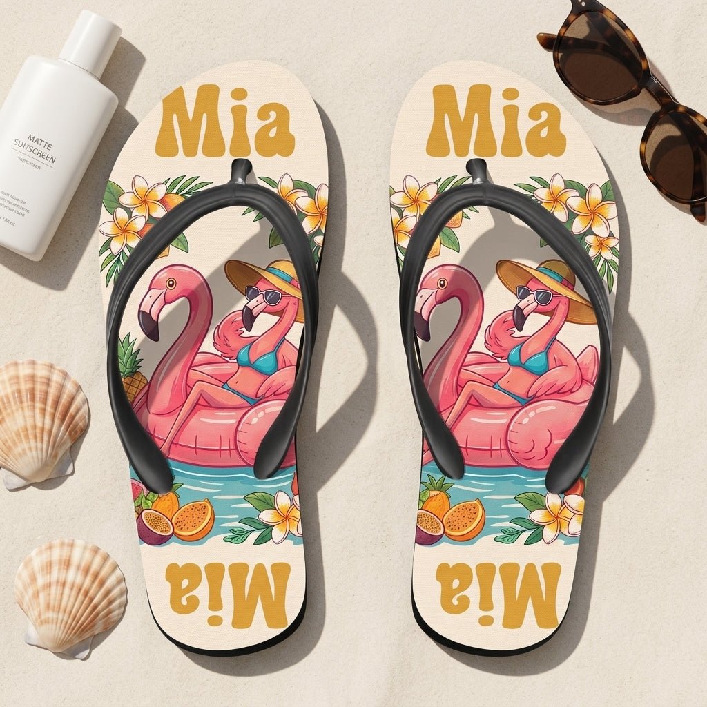Personalized Vintage Flamingo Flip Flops - Custom Name Retro Beach Summer Sandals - FlamingoAholic