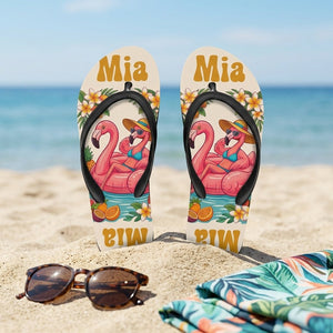 Personalized Vintage Flamingo Flip Flops - Custom Name Retro Beach Summer Sandals - FlamingoAholic