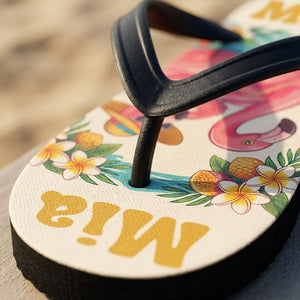 Personalized Vintage Flamingo Flip Flops - Custom Name Retro Beach Summer Sandals - FlamingoAholic