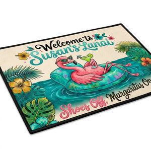 Personalized Welcome To Lanai Flamingo Doormat - Shoes Off, Margaritas On - FlamingoAholic