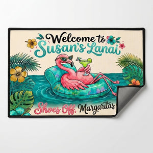 Personalized Welcome To Lanai Flamingo Doormat - Shoes Off, Margaritas On - FlamingoAholic