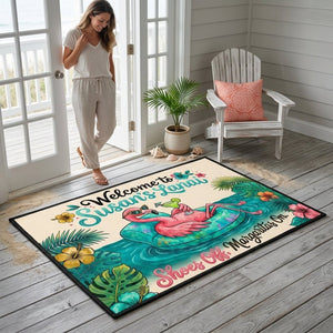 Personalized Welcome To Lanai Flamingo Doormat - Shoes Off, Margaritas On - FlamingoAholic