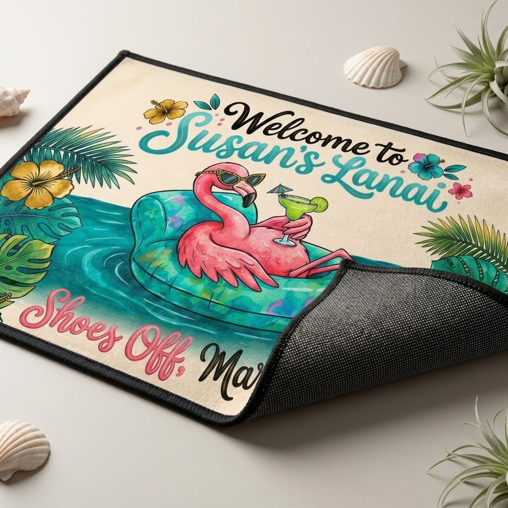 Personalized Welcome To Lanai Flamingo Doormat - Shoes Off, Margaritas On - FlamingoAholic