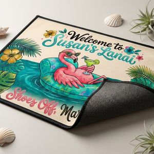 Personalized Welcome To Lanai Flamingo Doormat - Shoes Off, Margaritas On - FlamingoAholic