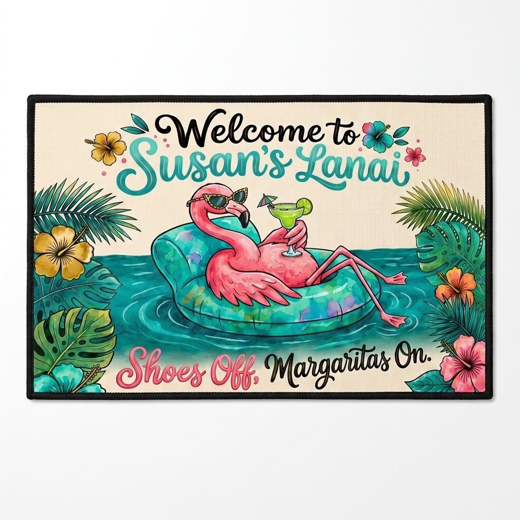 Personalized Welcome To Lanai Flamingo Doormat - Shoes Off, Margaritas On - FlamingoAholic