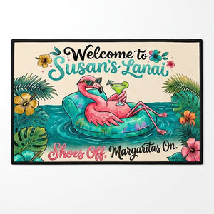 Personalized Welcome To Lanai Flamingo Doormat - Shoes Off, Margaritas On - FlamingoAholic