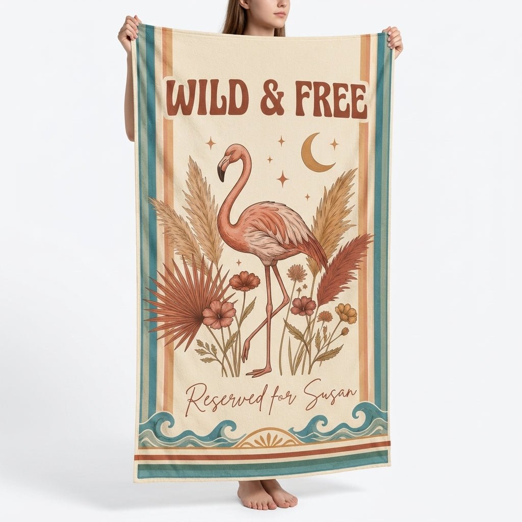 Personalized Wild & Free Boho Flamingo Reserved For Custom Beach Towel - FlamingoAholic