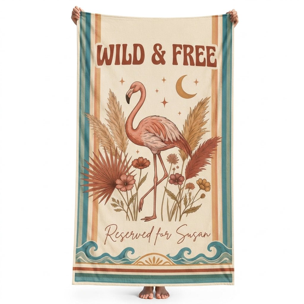 Personalized Wild & Free Boho Flamingo Reserved For Custom Beach Towel - FlamingoAholic