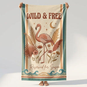 Personalized Wild & Free Boho Flamingo Reserved For Custom Beach Towel - FlamingoAholic