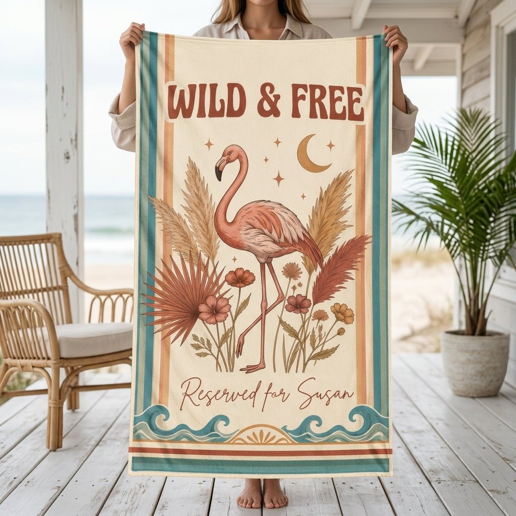 Personalized Wild & Free Boho Flamingo Reserved For Custom Beach Towel - FlamingoAholic