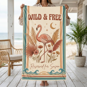 Personalized Wild & Free Boho Flamingo Reserved For Custom Beach Towel - FlamingoAholic