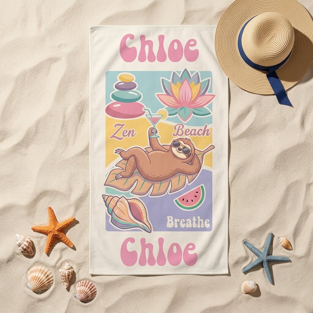 Personalized Zen Beach Sloth Towel - Chill Tropical Animal Custom Name Summer Vacation Gift - FlamingoAholic