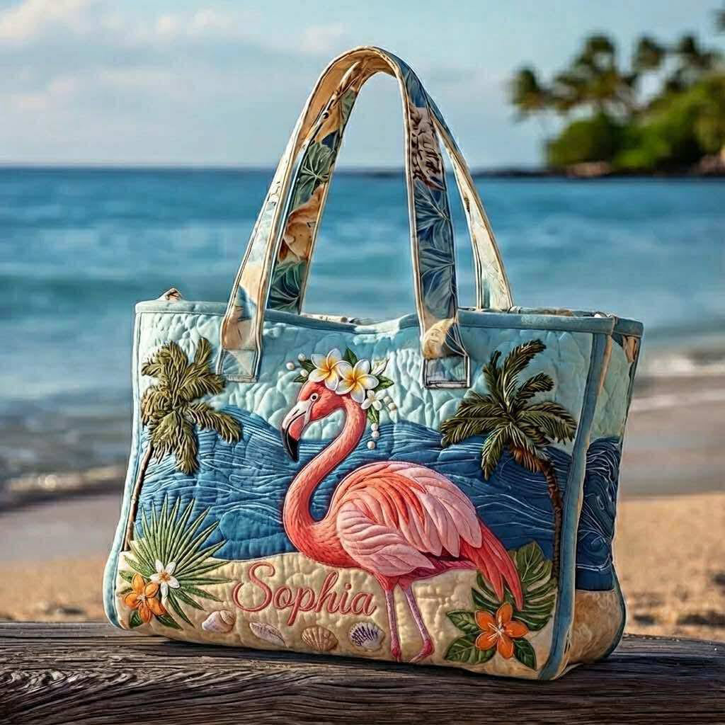 Custom Quilted Tropical Flamingo Tote Bag - Personalized Beach Carryall for Mom or Grandma