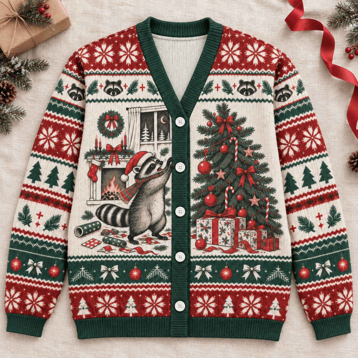 Raccoon Christmas Knitted Sweater & Cardigan – Cozy Holiday Mischief - FlamingoAholic