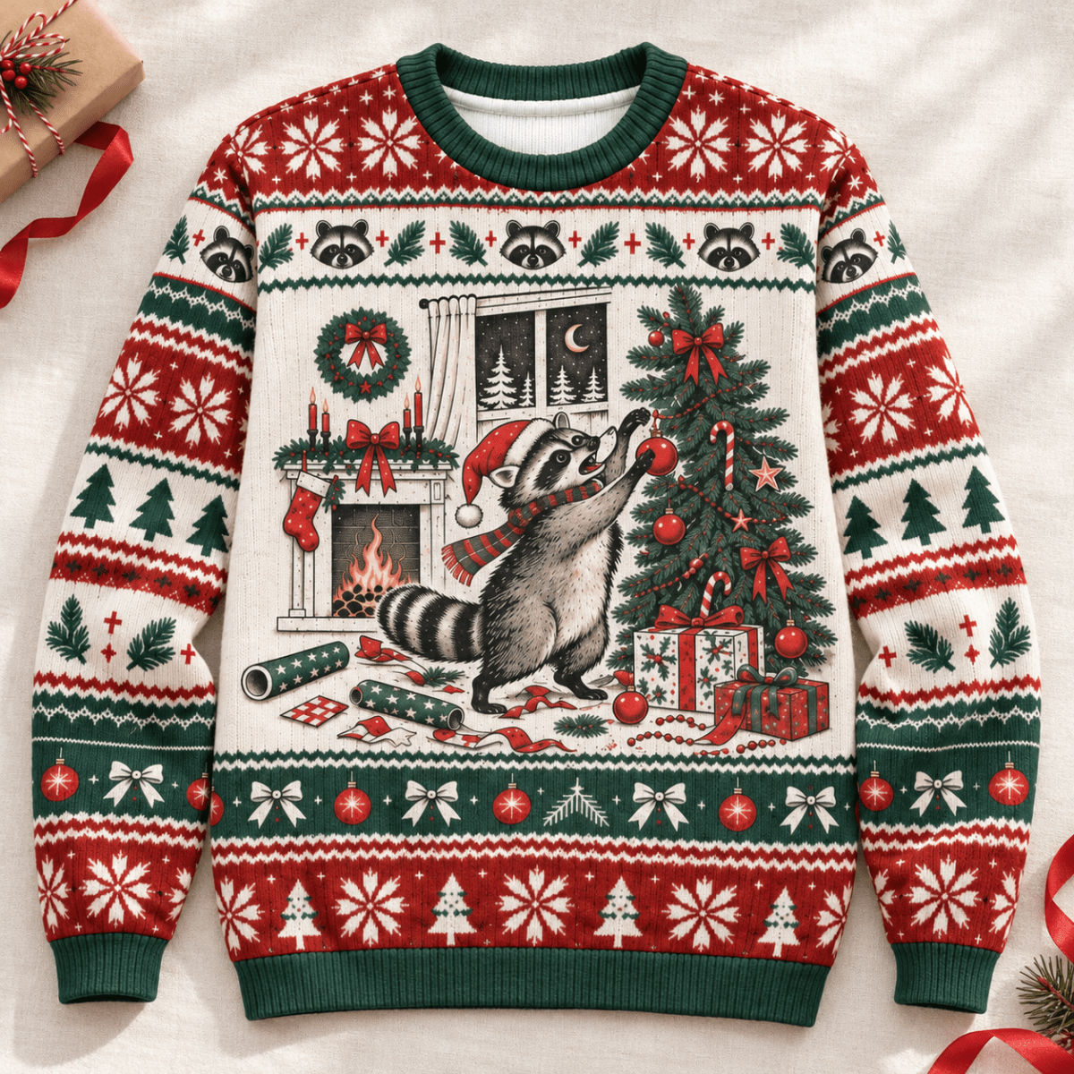 Raccoon Christmas Knitted Sweater & Cardigan – Cozy Holiday Mischief - FlamingoAholic