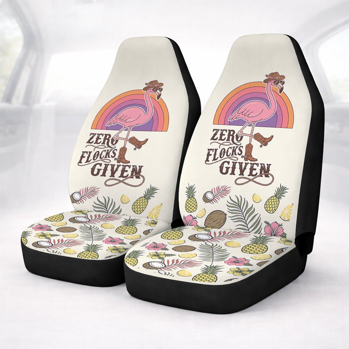 Retro Flamingo "Zero Flocks Given" Car Seat Cover Set - Cute Tropical Car Accessories for Women - FlamingoAholic