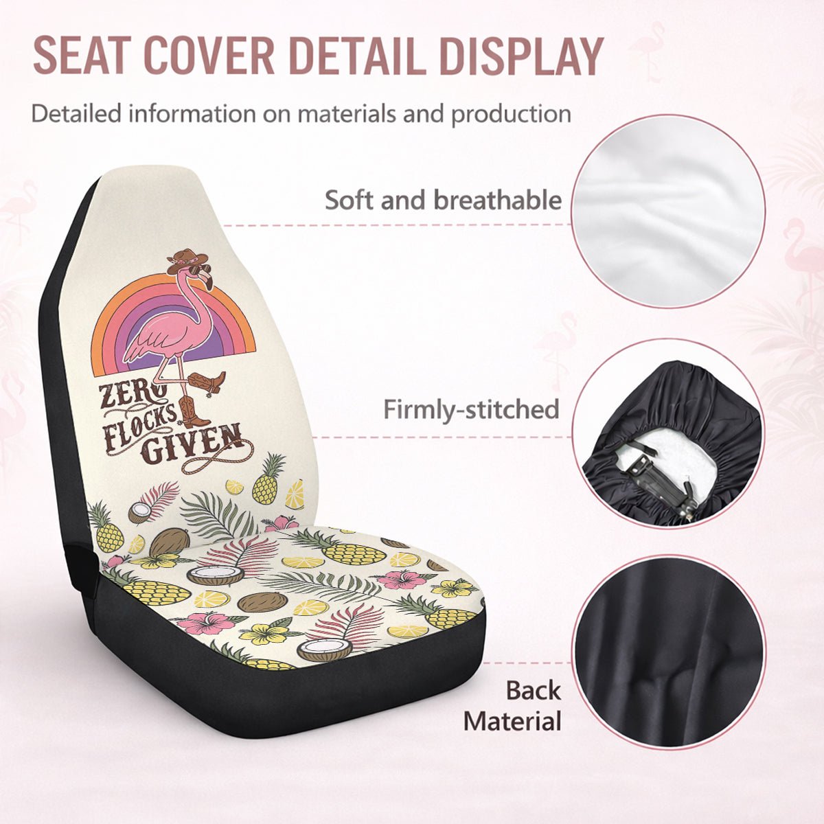 Retro Flamingo "Zero Flocks Given" Car Seat Cover Set - Cute Tropical Car Accessories for Women - FlamingoAholic