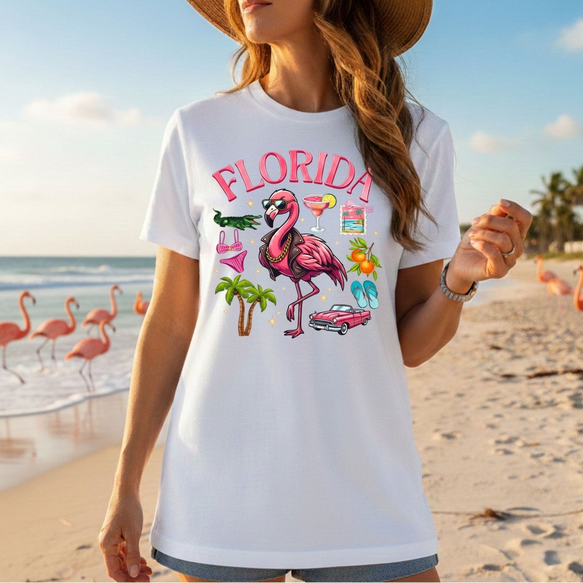 Retro Gangster Flamingo Florida T-Shirt | Tropical Beach Vacation Souvenir Tee - FlamingoAholic