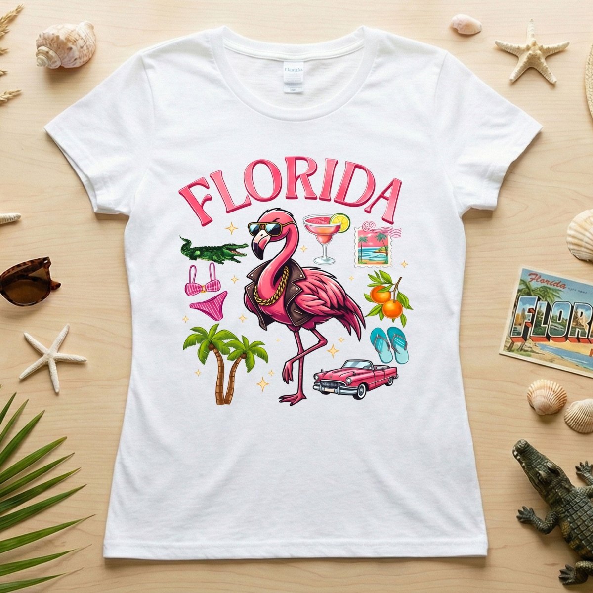 Retro Gangster Flamingo Florida T-Shirt | Tropical Beach Vacation Souvenir Tee - FlamingoAholic