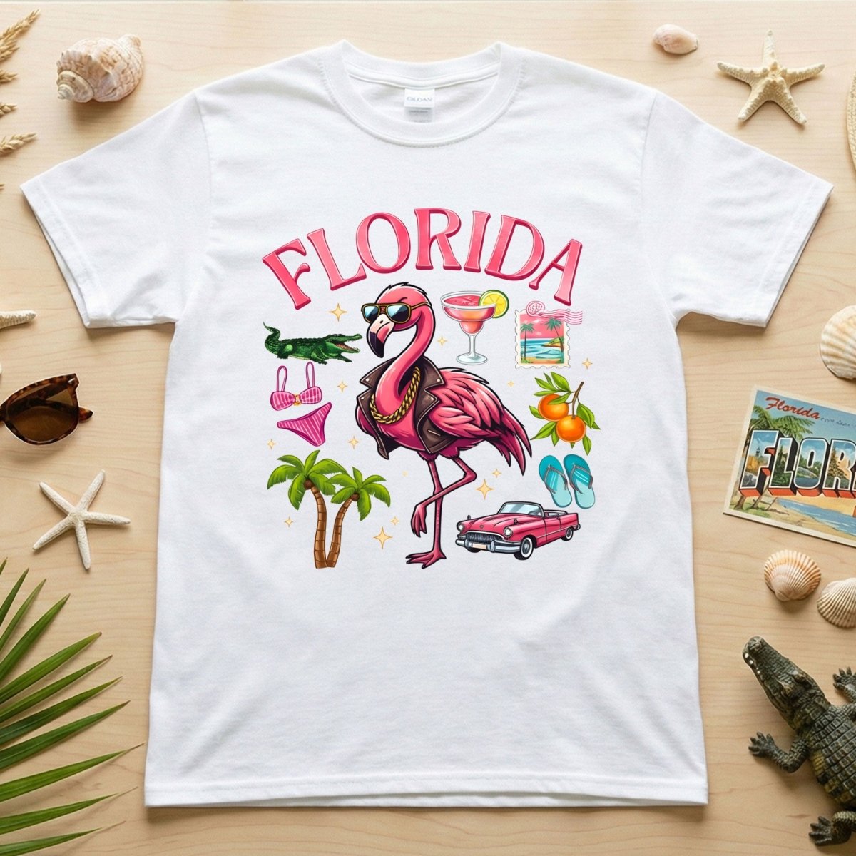 Retro Gangster Flamingo Florida T-Shirt | Tropical Beach Vacation Souvenir Tee - FlamingoAholic