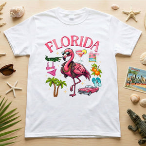 Retro Gangster Flamingo Florida T-Shirt | Tropical Beach Vacation Souvenir Tee - FlamingoAholic