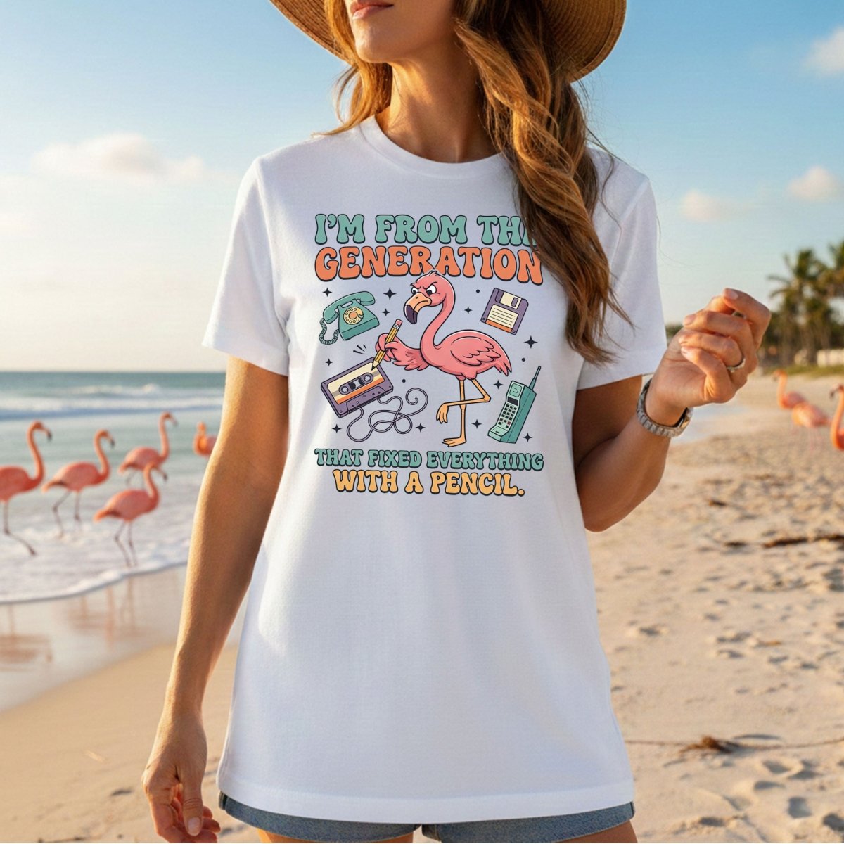 Retro Gen X Funny Flamingo T-Shirt - Fixed Everything With A Pencil Vintage Tech Tee - FlamingoAholic