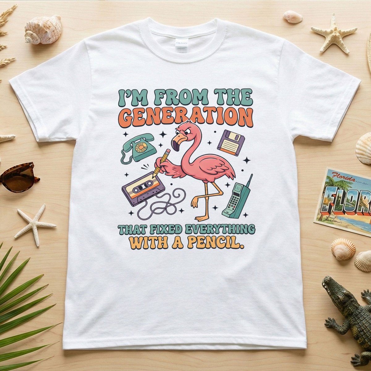 Retro Gen X Funny Flamingo T-Shirt - Fixed Everything With A Pencil Vintage Tech Tee - FlamingoAholic