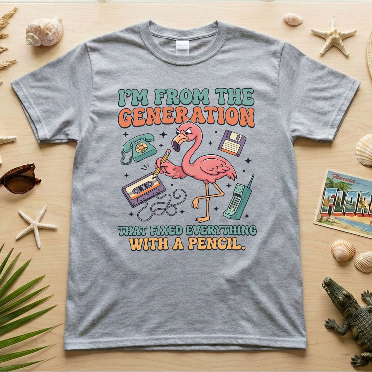Retro Gen X Funny Flamingo T-Shirt - Fixed Everything With A Pencil Vintage Tech Tee - FlamingoAholic