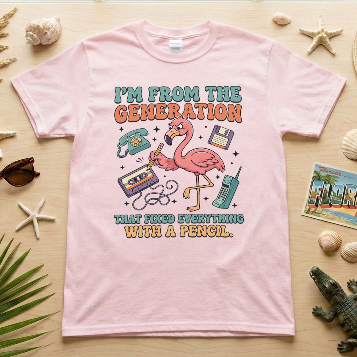 Retro Gen X Funny Flamingo T-Shirt - Fixed Everything With A Pencil Vintage Tech Tee - FlamingoAholic