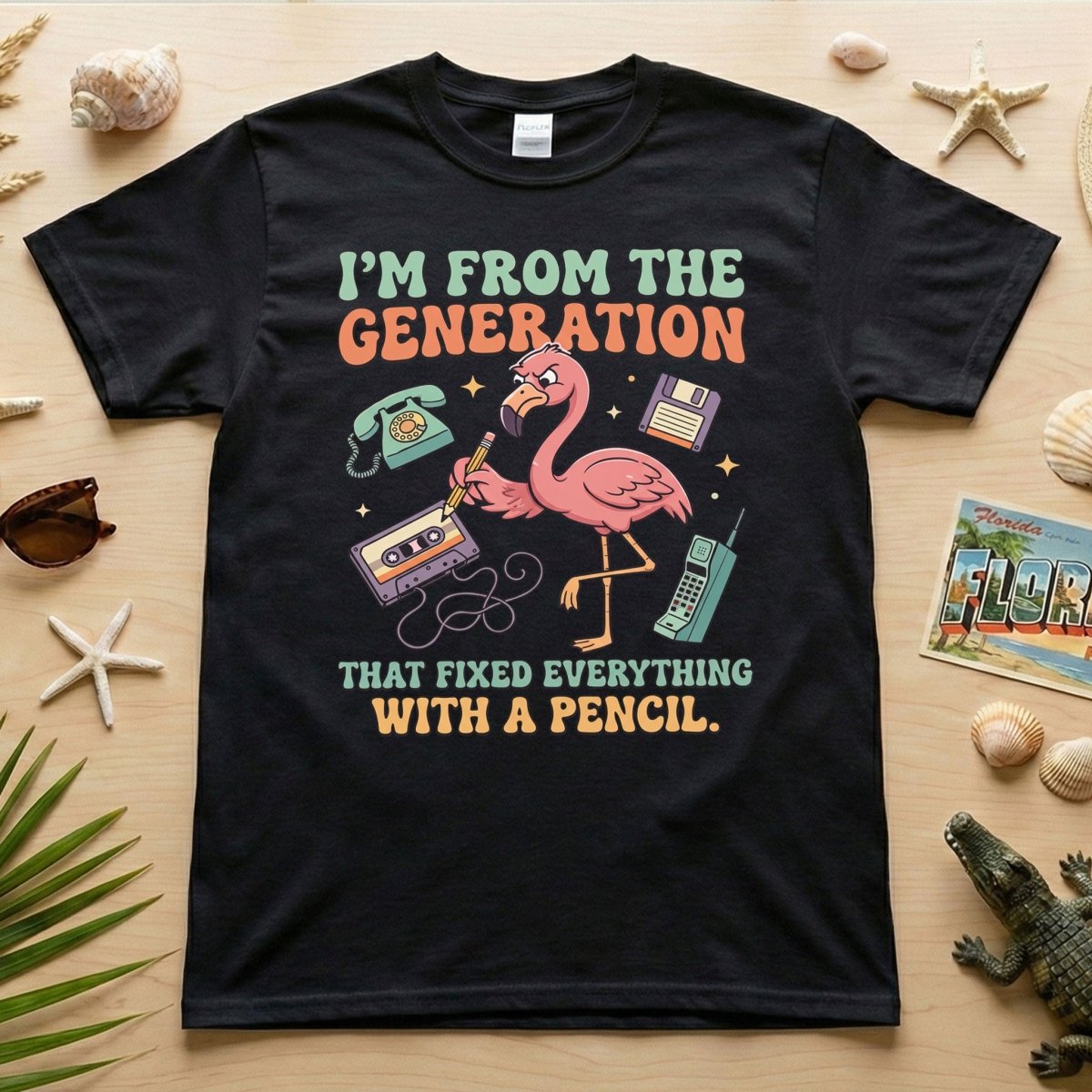 Retro Gen X Funny Flamingo T-Shirt - Fixed Everything With A Pencil Vintage Tech Tee - FlamingoAholic