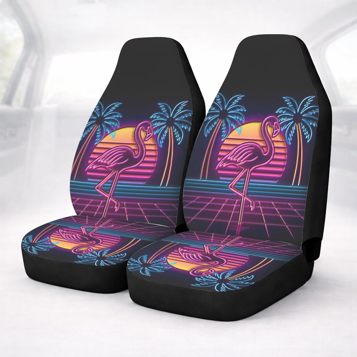Retro Neon Flamingo Car Seat Covers - Cute Tropical Car Accessories for Women - FlamingoAholic