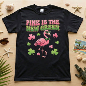 Retro Pink Is The New Green Flamingo St. Patrick's Day T-Shirt - Funny Irish Women's Tee - FlamingoAholic