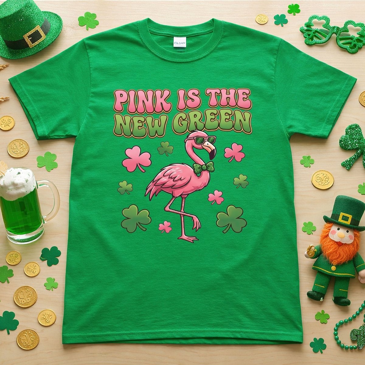 Retro Pink Is The New Green Flamingo St. Patrick's Day T-Shirt - Funny Irish Women's Tee - FlamingoAholic