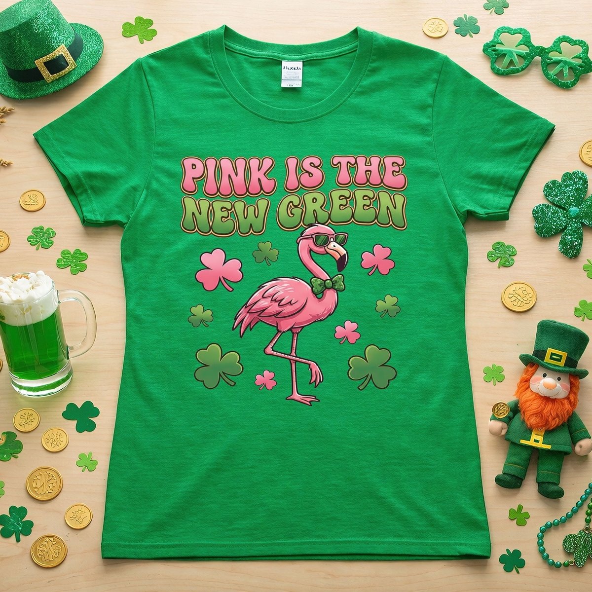 Retro Pink Is The New Green Flamingo St. Patrick's Day T-Shirt - Funny Irish Women's Tee - FlamingoAholic