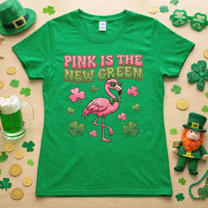 Retro Pink Is The New Green Flamingo St. Patrick's Day T-Shirt - Funny Irish Women's Tee - FlamingoAholic