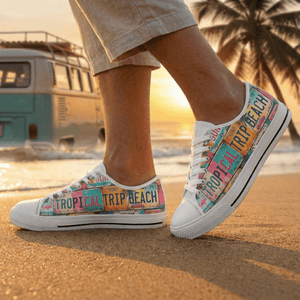 Retro Tropical License Plate Low Top Shoes - Vibrant Beach Vacation Sneakers - FlamingoAholic