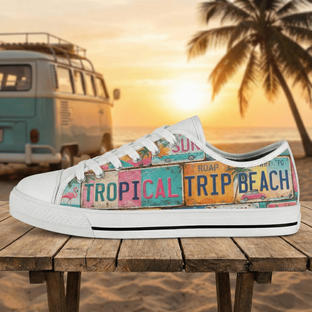 Retro Tropical License Plate Low Top Shoes - Vibrant Beach Vacation Sneakers - FlamingoAholic