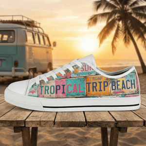 Retro Tropical License Plate Low Top Shoes - Vibrant Beach Vacation Sneakers - FlamingoAholic