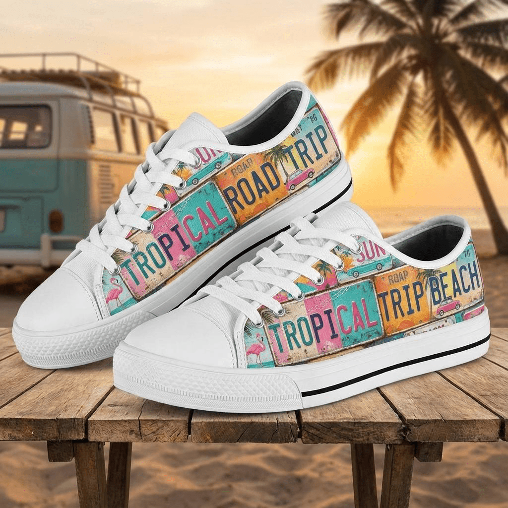 Retro Tropical License Plate Low Top Shoes - Vibrant Beach Vacation Sneakers - FlamingoAholic