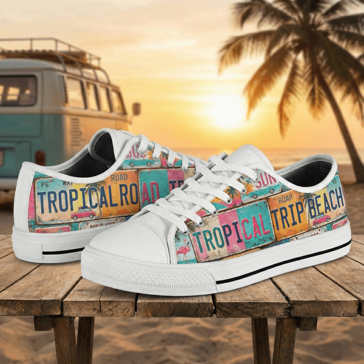 Retro Tropical License Plate Low Top Shoes - Vibrant Beach Vacation Sneakers - FlamingoAholic
