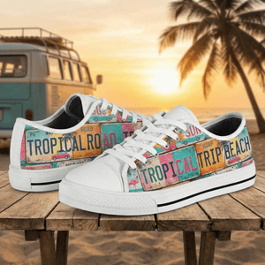 Retro Tropical License Plate Low Top Shoes - Vibrant Beach Vacation Sneakers - FlamingoAholic