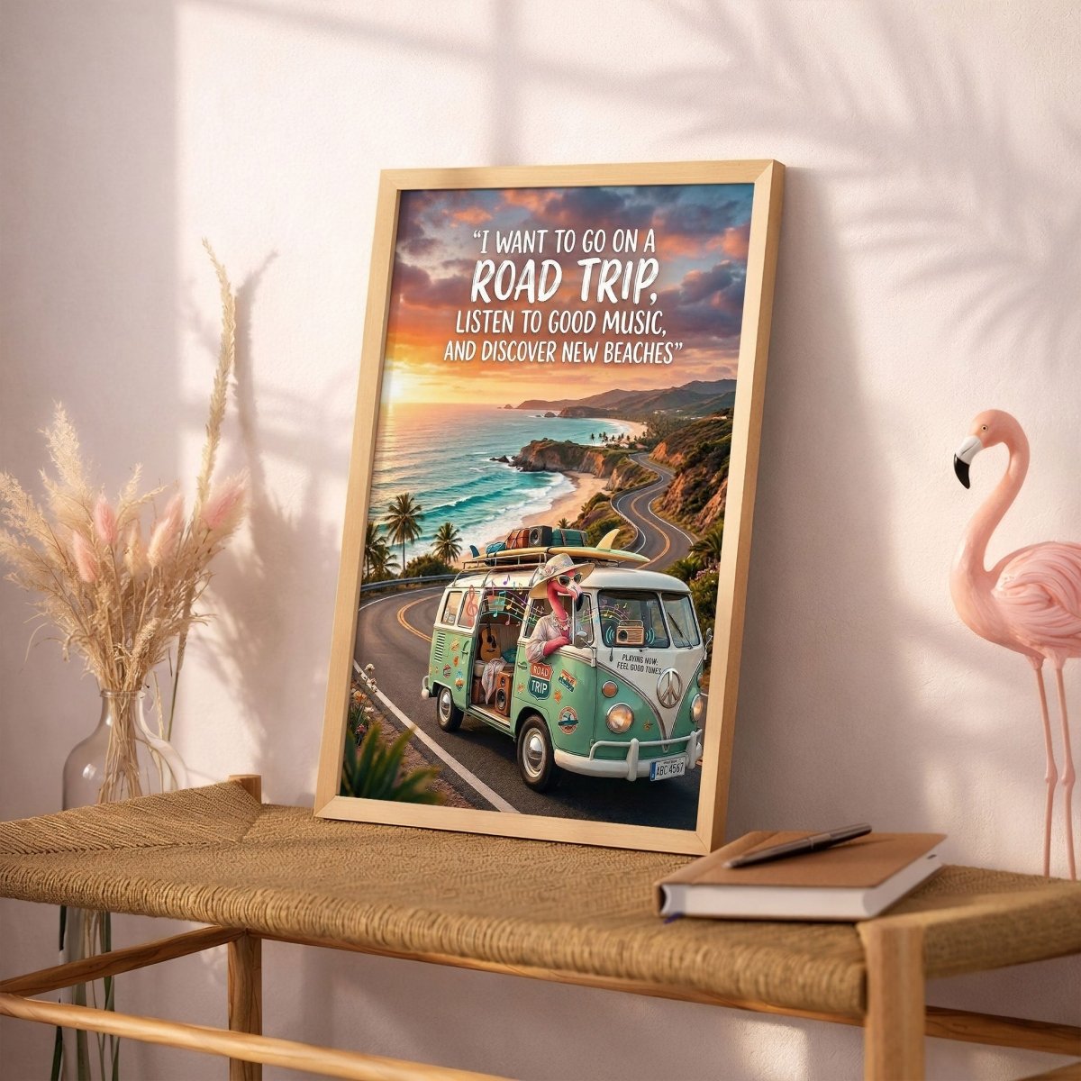 Road Trip Flamingo Poster – Beach Travel Tropical Wall Art - FlamingoAholic