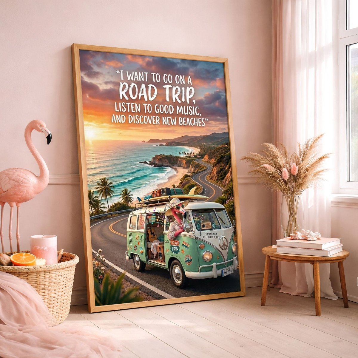 Road Trip Flamingo Poster – Beach Travel Tropical Wall Art - FlamingoAholic