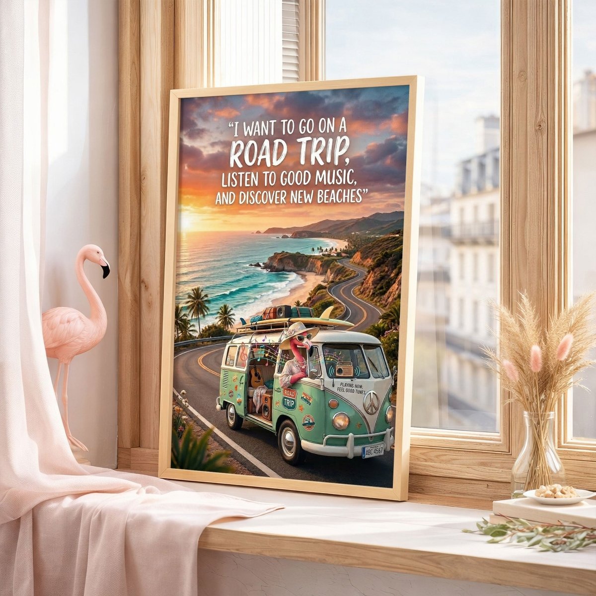 Road Trip Flamingo Poster – Beach Travel Tropical Wall Art - FlamingoAholic