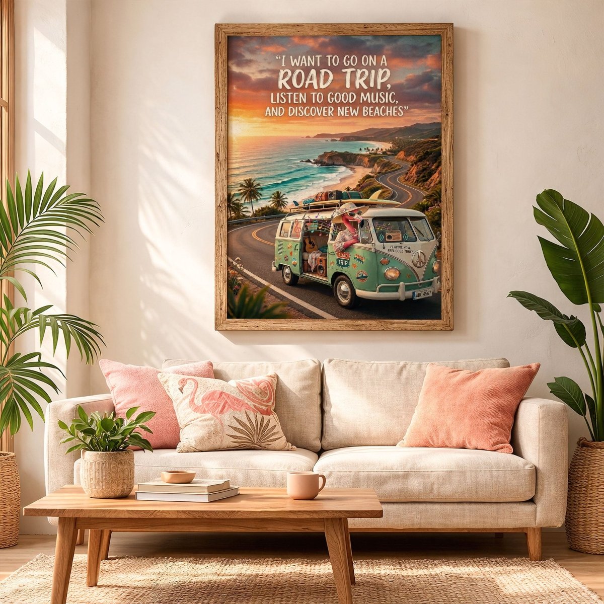 Road Trip Flamingo Poster – Beach Travel Tropical Wall Art - FlamingoAholic