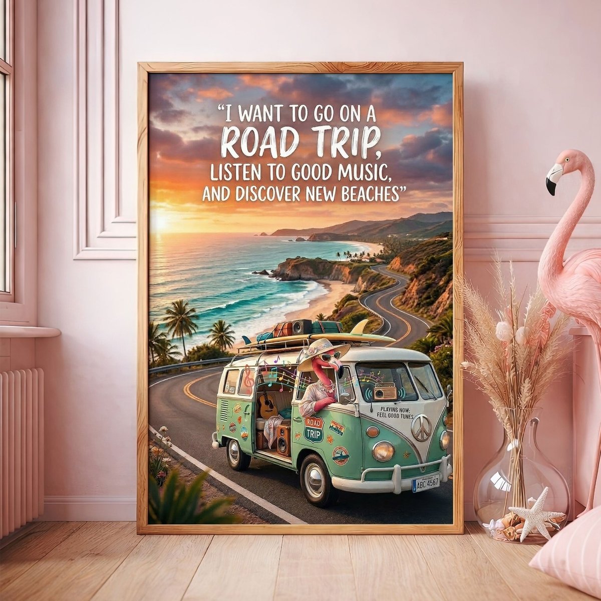 Road Trip Flamingo Poster – Beach Travel Tropical Wall Art - FlamingoAholic
