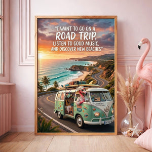 Road Trip Flamingo Poster – Beach Travel Tropical Wall Art - FlamingoAholic