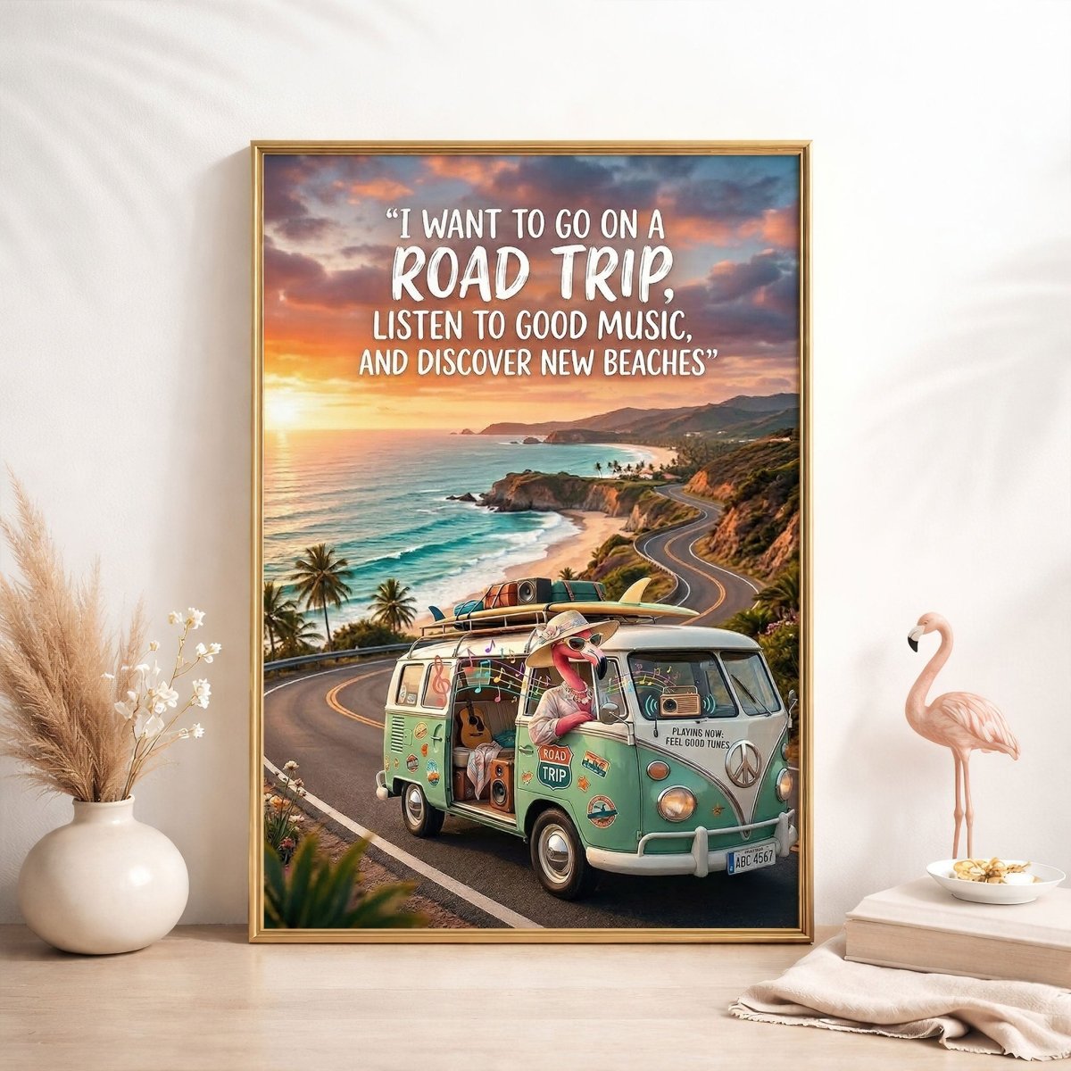Road Trip Flamingo Poster – Beach Travel Tropical Wall Art - FlamingoAholic