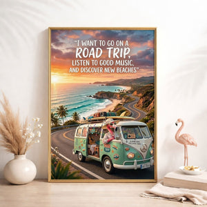 Road Trip Flamingo Poster – Beach Travel Tropical Wall Art - FlamingoAholic